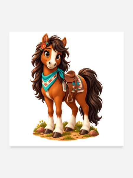 Wilde Ranch Pony mit Bandana - Poster 60x60 cm - Weiß - Vorne