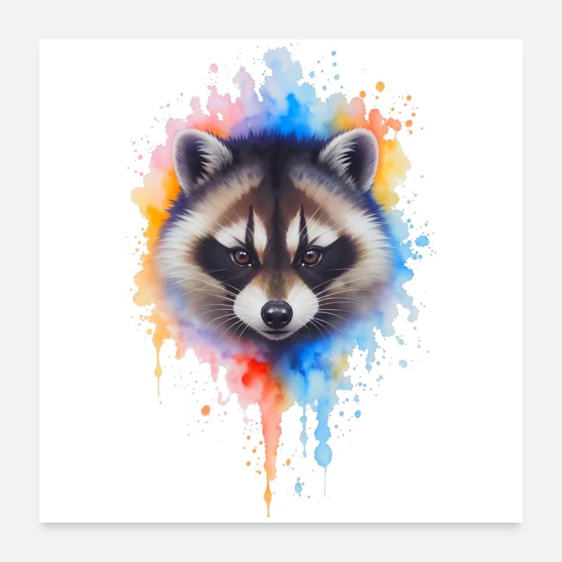 Aquarell Waschbär Farbexplosion - Poster 60x60 cm - Weiß