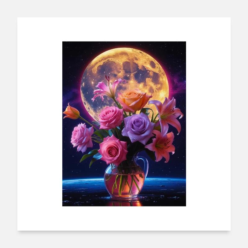 Floraison céleste sous la pleine lune Poster 60 x 60 cm