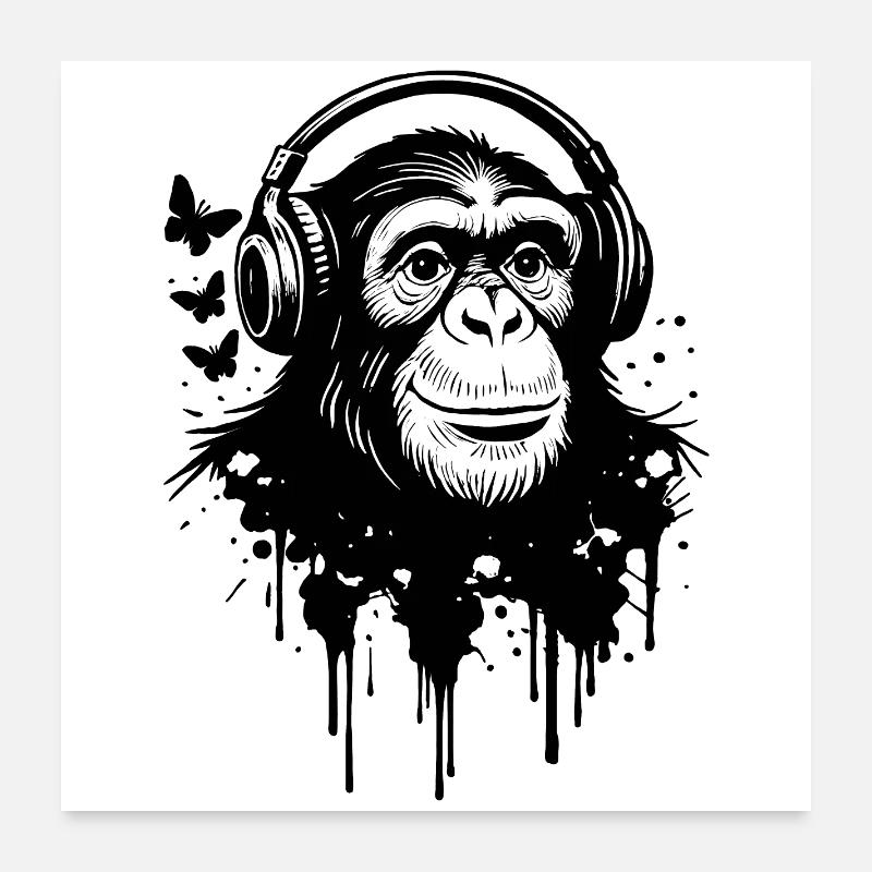 Musik hören, Affe mit Kopfhörern - Poster 60x60 cm - Weiß