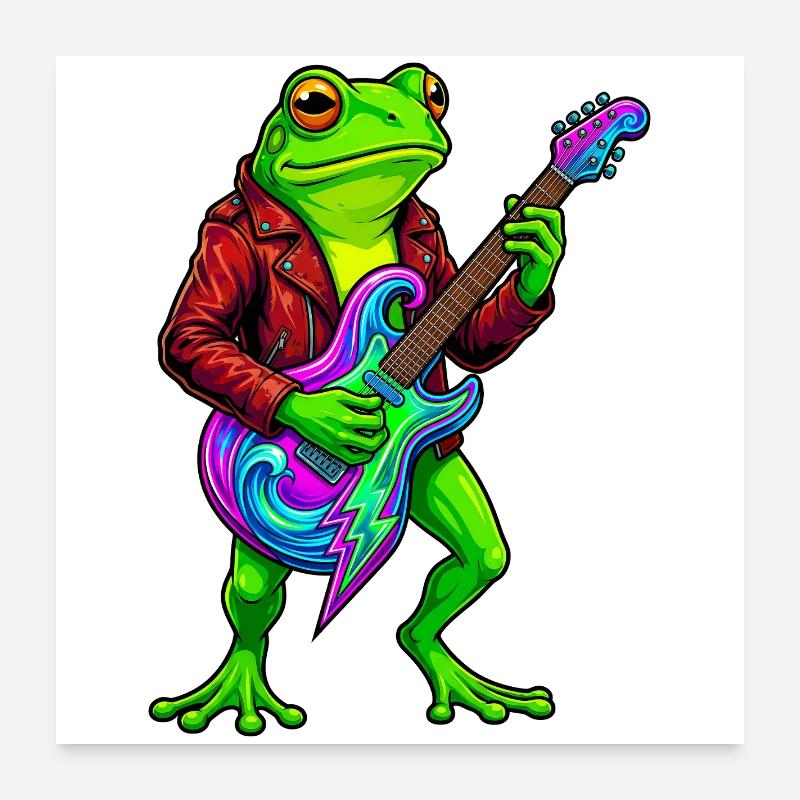 Frosch mit Jacke und Neon E-Gitarre Poster 60x60 cm