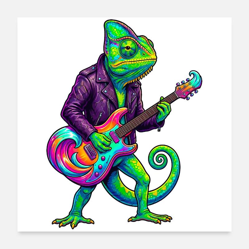 Chamäleon in Lederjacke und Neon E-Gitarre Poster 60x60 cm