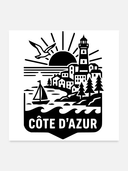 Côte d'Azur Silhouette Meer & Leuchtturm - Poster 60x60 cm - Weiß - Vorne