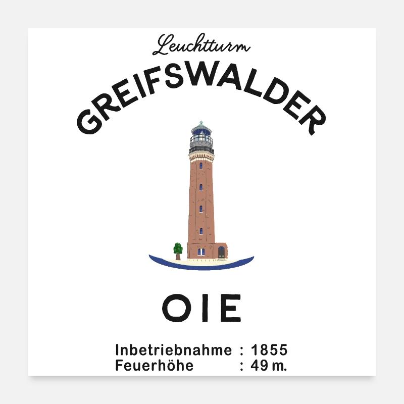 Leuchtturm Insel Greifswalder Oie, Ostsee - Poster 60x60 cm - Weiß