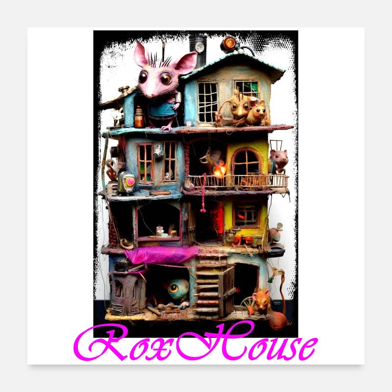 Verspieltes Mäusehaus mit buntem Design Puppen Poster 60x60 cm