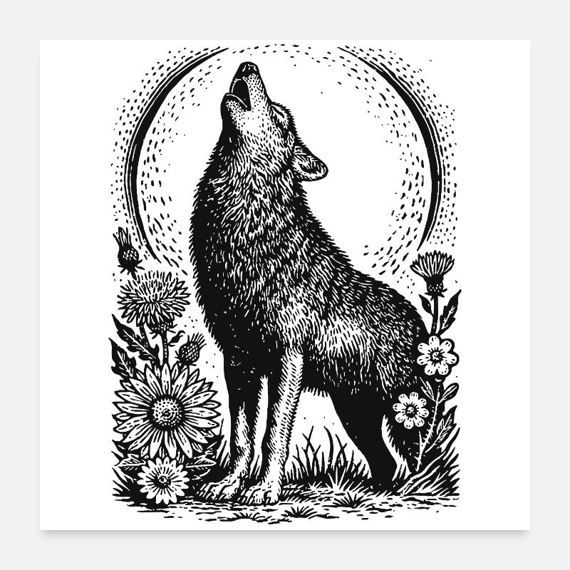 Howling Wolf in Floral Circular Frame Poster 24" x 24" (60x60 cm)
