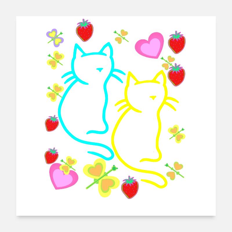 Retro Katzen Katze Herzen Erdbeeren Sommer Kinder Poster 60x60 cm