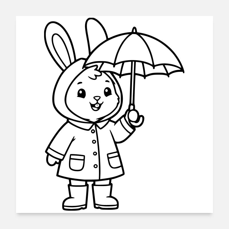 Cute Bunny Raincoat Umbrella Vector Poster 24" x 24" (60x60 cm)