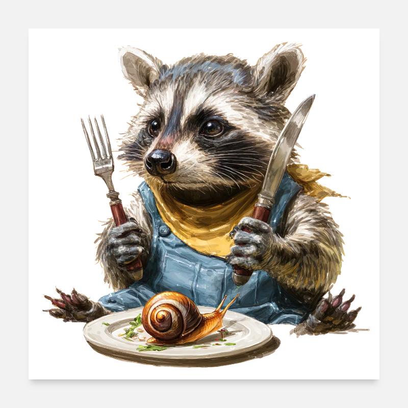 Waschbär-Küchenchef mit Gabel und Messer Poster 60x60 cm