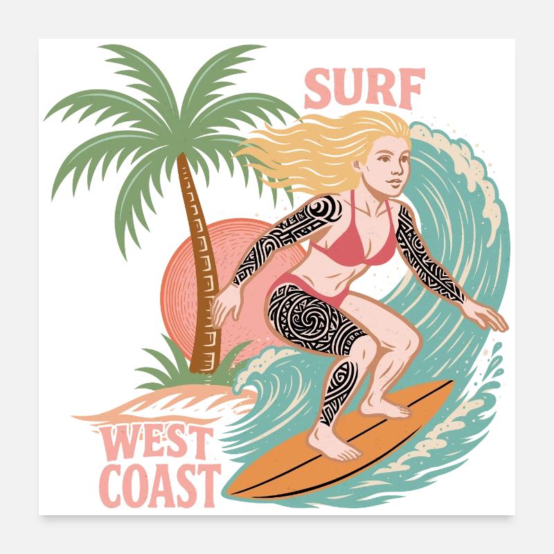 Surf sur la côte ouest Poster 60 x 60 cm