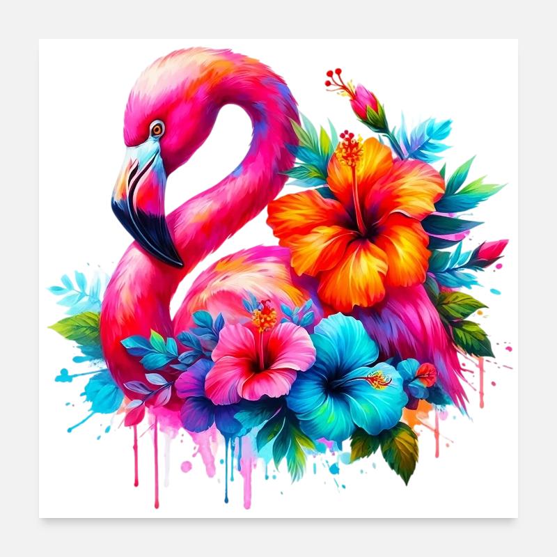 Flamant rose décoré de fleurs d’hibiscus Poster 60 x 60 cm