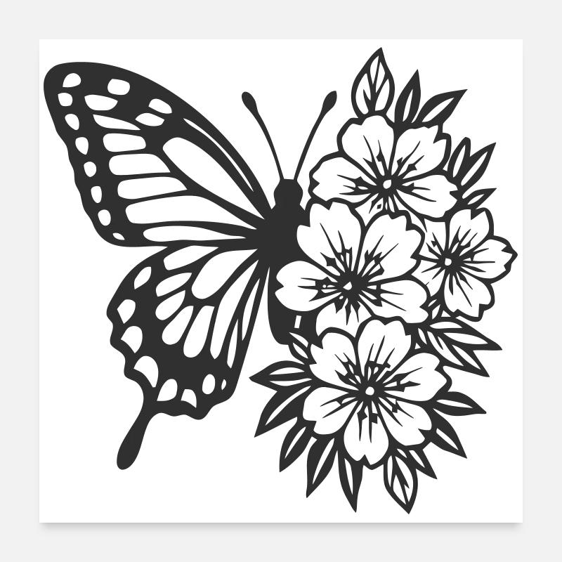 Composition élégante de papillon et de fleurs Poster 60 x 60 cm