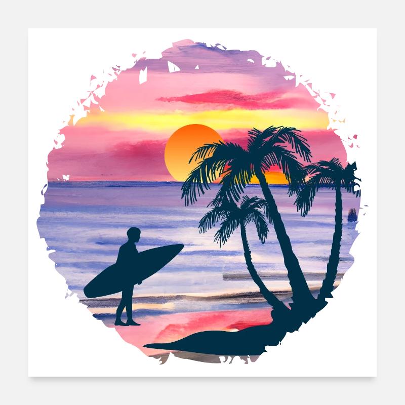 Aquarelle de plage de coucher de soleil d’été Poster 60 x 60 cm