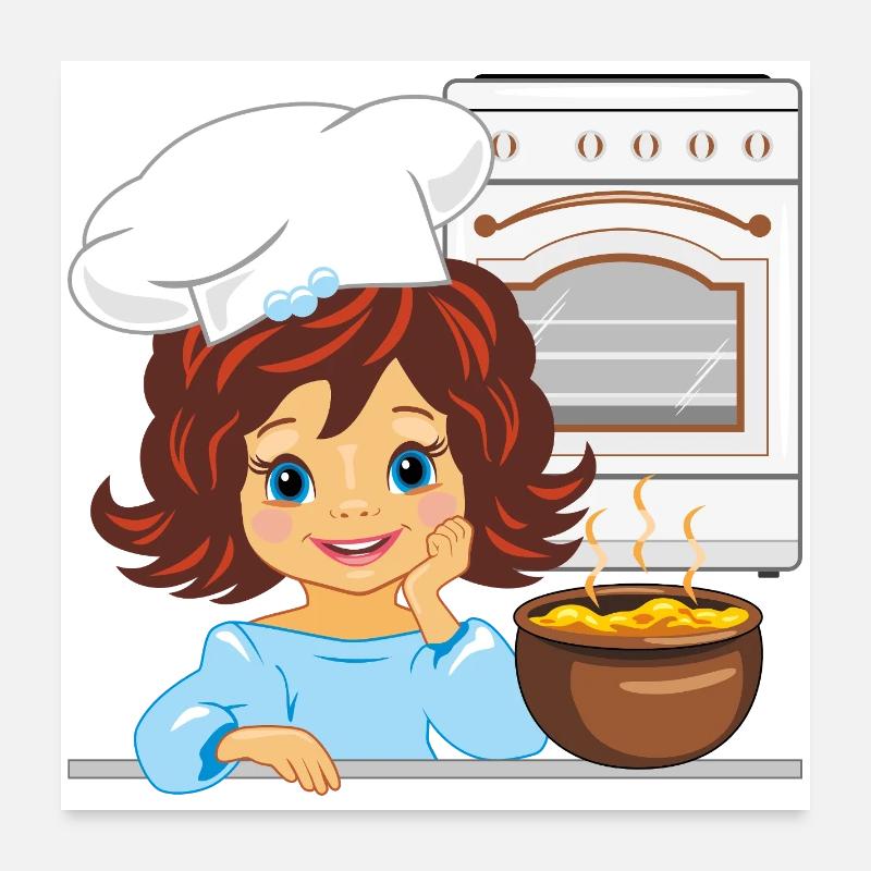 Nettes Mädchen kocht Suppe in der Küche Poster 60x60 cm