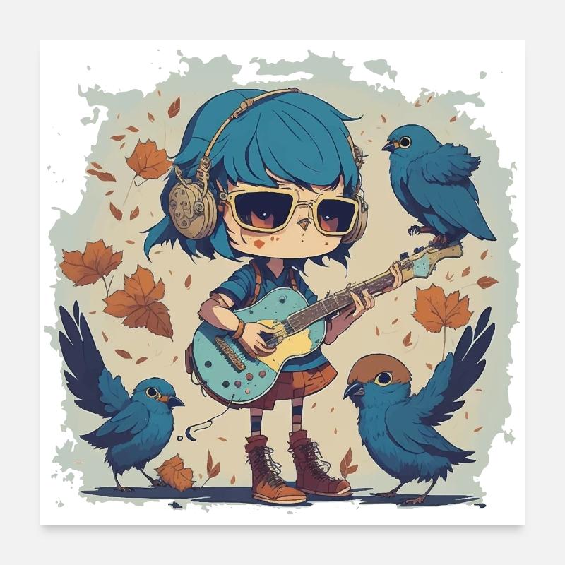 Mädchen mit Gitarre im Herbst Poster 60x60 cm