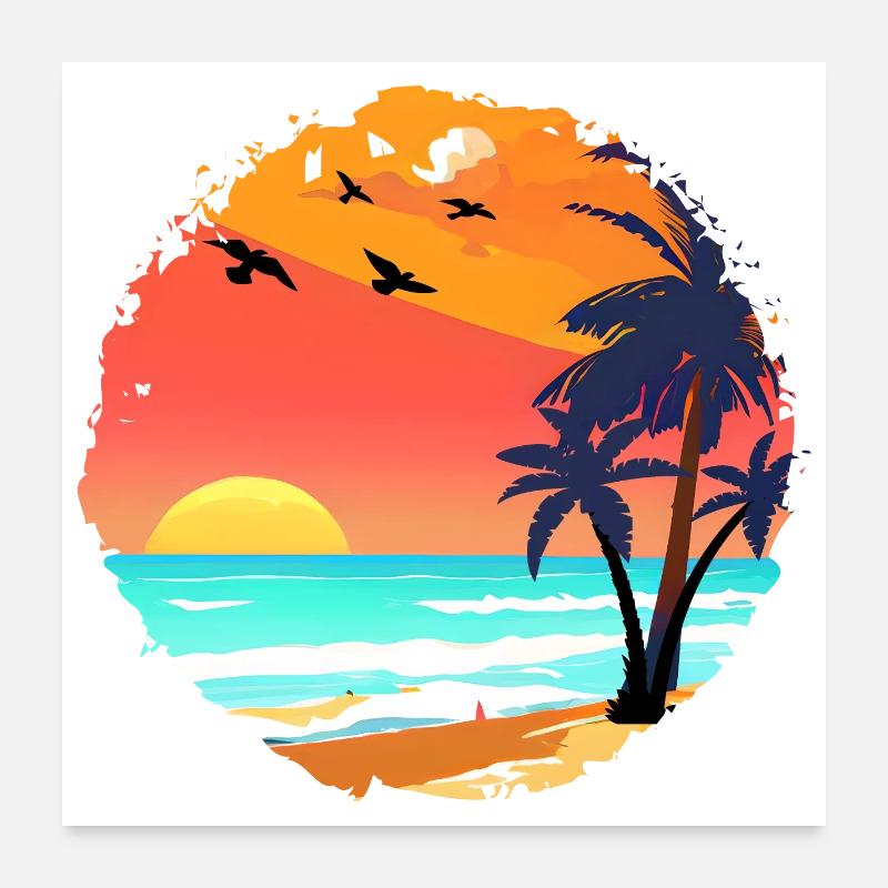 Aquarelle de plage de coucher de soleil d’été Poster 60 x 60 cm