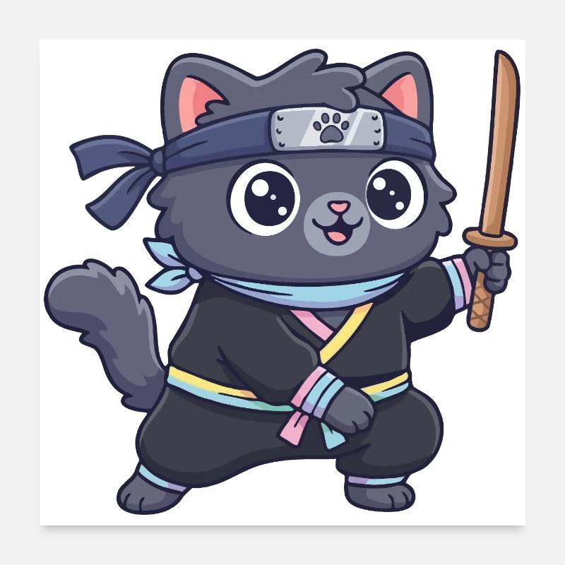 Ninja-Katze im Samurai-Outfit - Poster 60x60 cm - Weiß