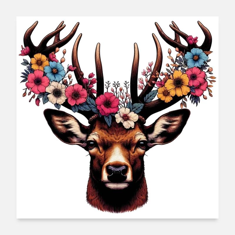 Cerf avec des fleurs Poster 60 x 60 cm
