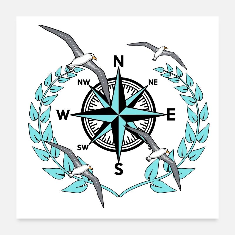 Kompass Windrose Möwen Nautik Maritim Seefahrt Poster 60x60 cm