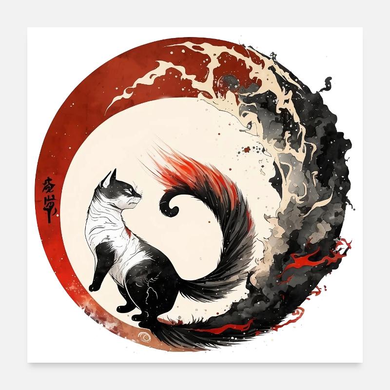 Katze Japanischer Stil - Poster 60x60 cm - Weiß