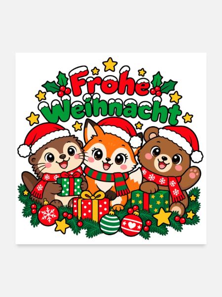 Weihnachts Waldtiere - Poster 60x60 cm - Weiß - Vorne