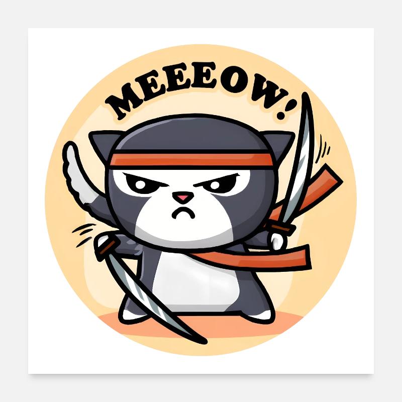 Mignon Chat Ninja - Poster 60 x 60 cm - blanc