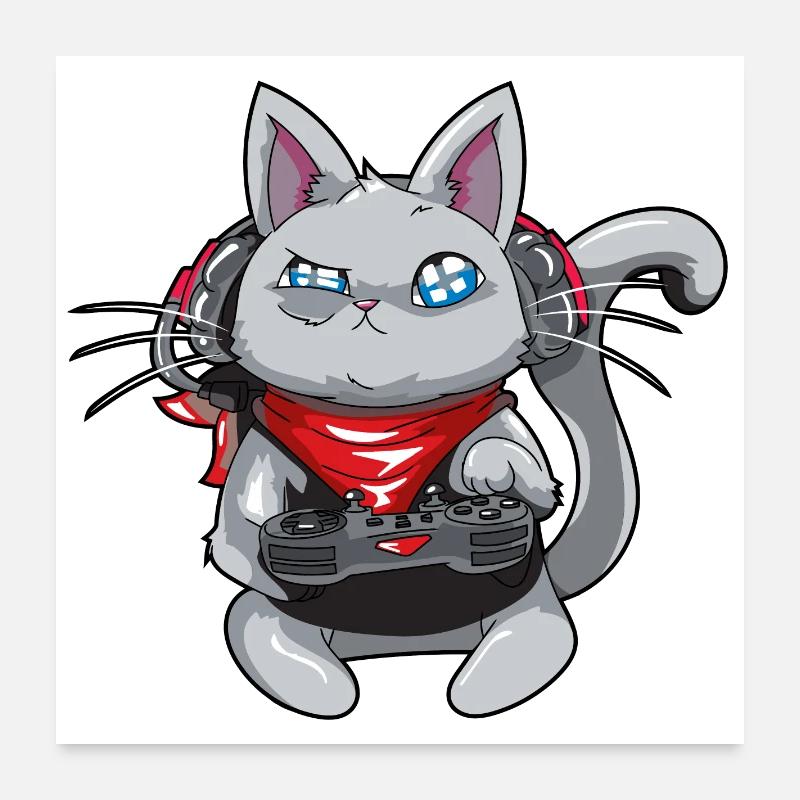 Chat avec un casque - jouer au chat - chat de gamer Poster 60 x 60 cm