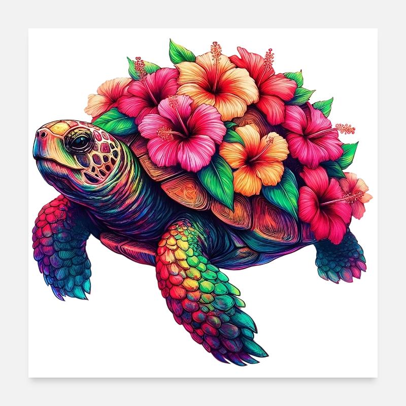 Tortue aux fleurs d’hibiscus Poster 60 x 60 cm
