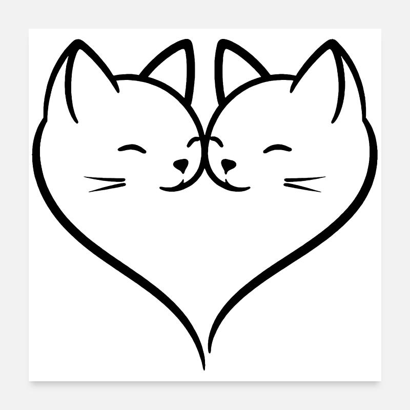 Art de traits d’amour en forme de cœur de chat | Duo romantique mignon de chats Poster 60 x 60 cm