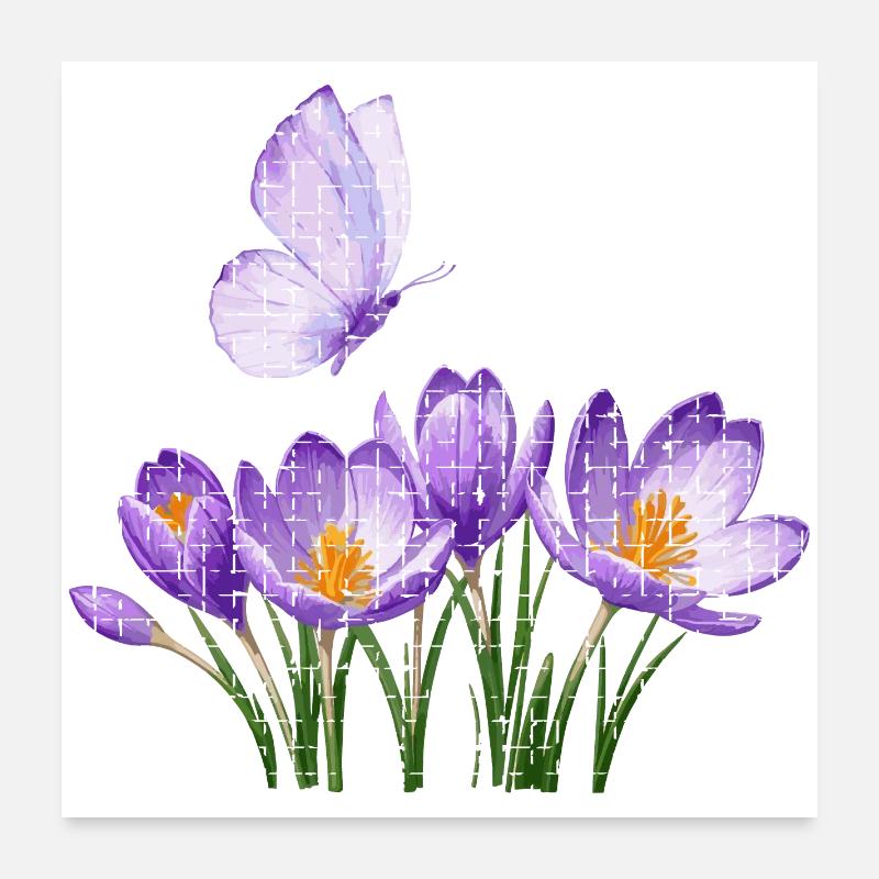 Crocus violets et papillon : conception en treillis Poster 60 x 60 cm