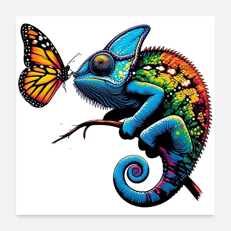 Caméléon et papillon Poster 60 x 60 cm