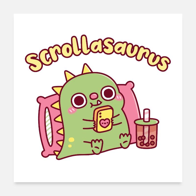 Cute Scrollasaurus Dinosaur Scrolling On Handphone Poster 24" x 24" (60x60 cm)