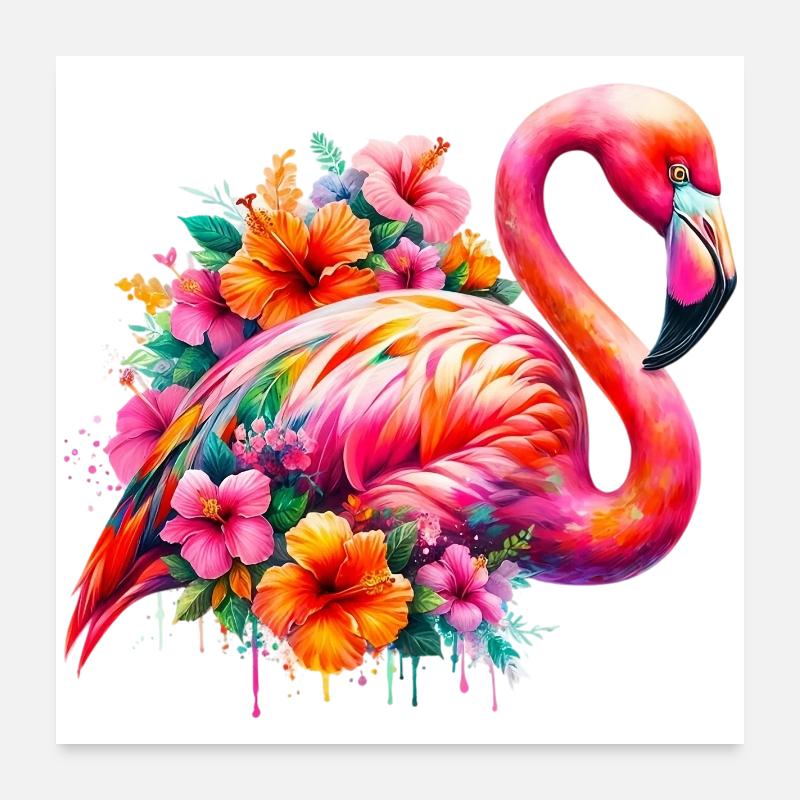 Flamingo verziert mit Hibiskusblüten Poster 60x60 cm