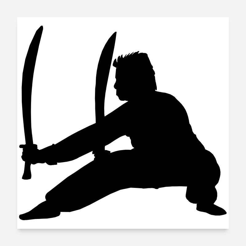 Pratiquant de Kung Fu avec deux épées Poster 60 x 60 cm