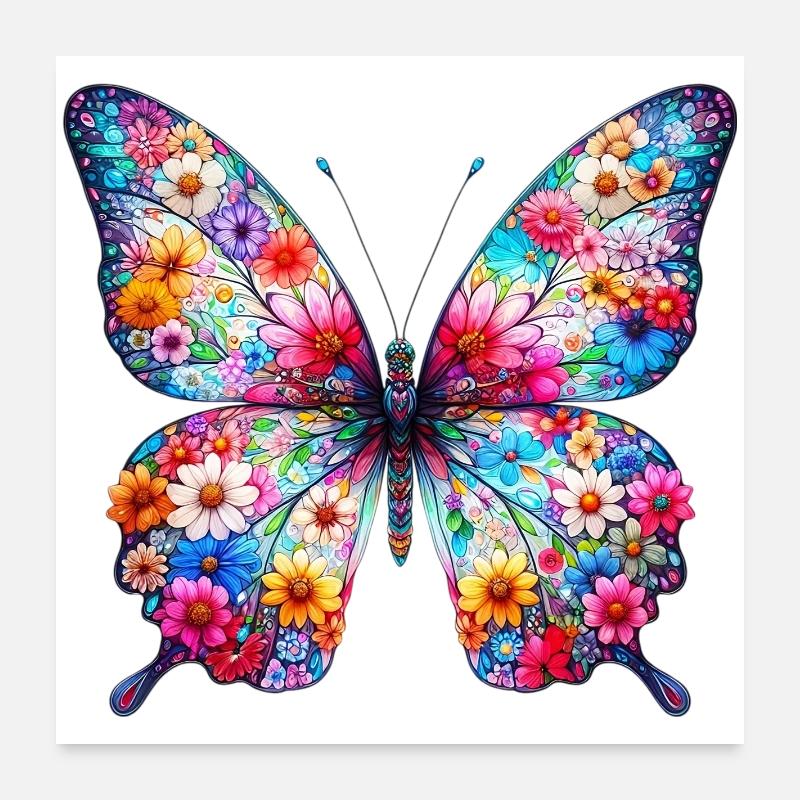 Schmetterling mit Blumen verziert - Poster 60x60 cm - Weiß