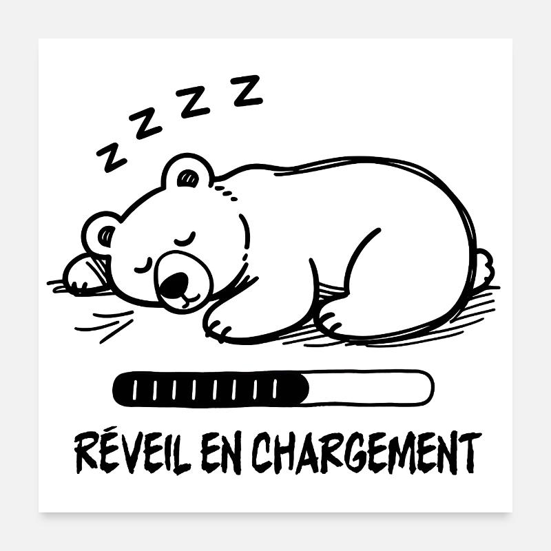 Black and White Sleeper Bear, Alarm Clock Charging Poster 24" x 24" (60x60 cm)