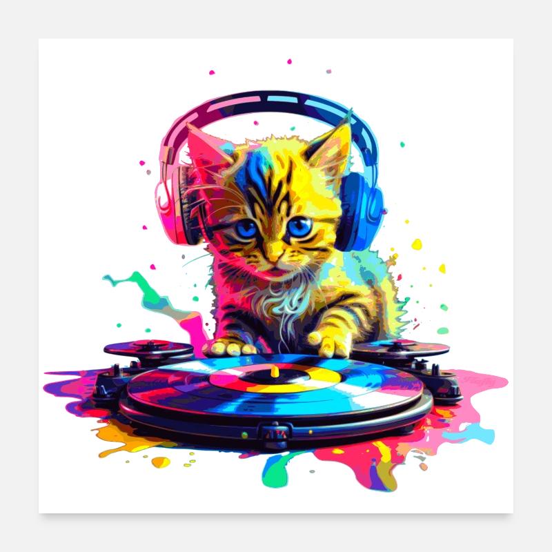 Kätzchen DJ - Regenbogen - Poster 60x60 cm - Weiß