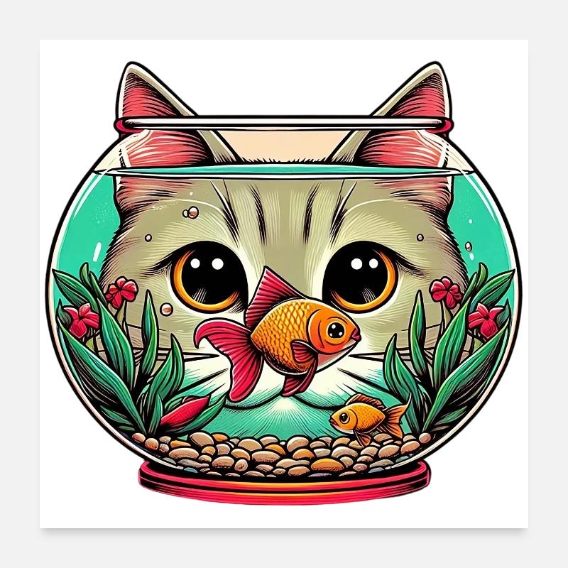 Chat d’aquarium avec poisson rouge Poster 60 x 60 cm