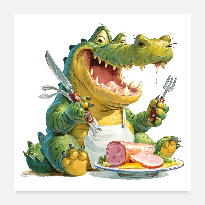 Alligator avec filet sur l’assiette Poster 60 x 60 cm