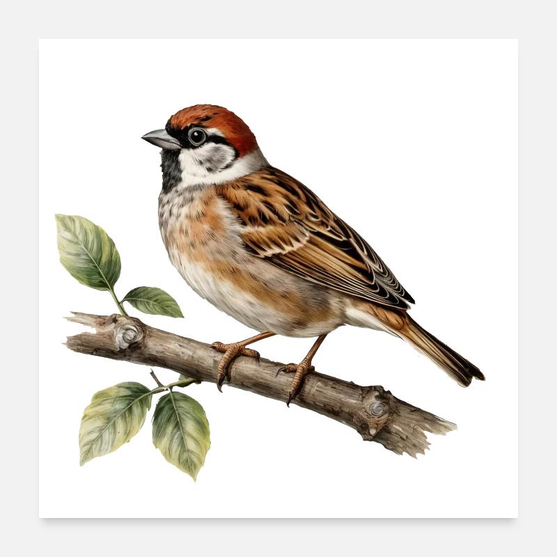 Spatzenfink, Vogel auf botanischem Zweig - Poster 60x60 cm - Weiß