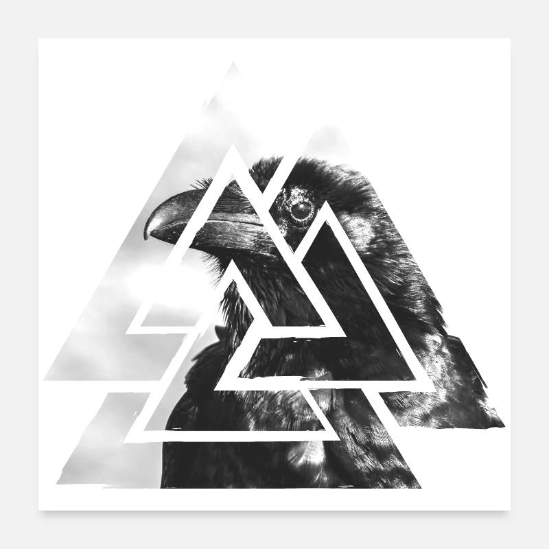 Valknut, symbole d'Odin - avec corbeau noir Poster 60 x 60 cm