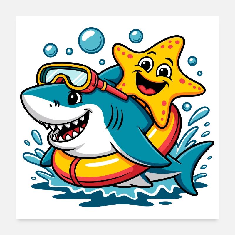 Requin drôle avec une étoile de mer Poster 60 x 60 cm