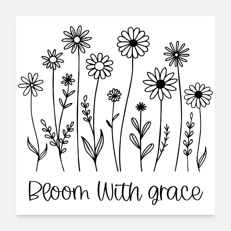 Floraison avec grâce Fleur sauvage dessin au trait Poster 60 x 60 cm