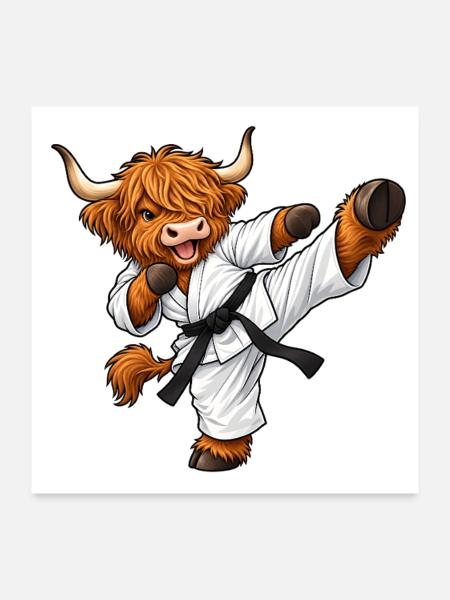 Highland Cattle beim Karate – Kuh mit Kampfgeist - Poster 60x60 cm - Weiß - Vorne