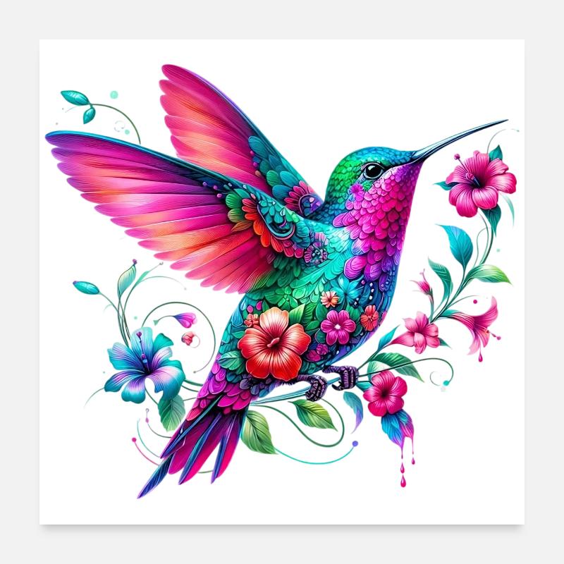 Colibri décoré de fleurs Poster 60 x 60 cm