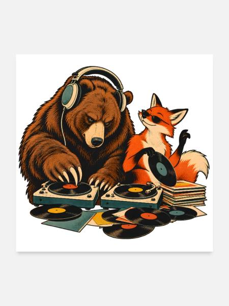 Bär & Fuchs als Vinyl DJs – Musikduo - Poster 60x60 cm - Weiß
