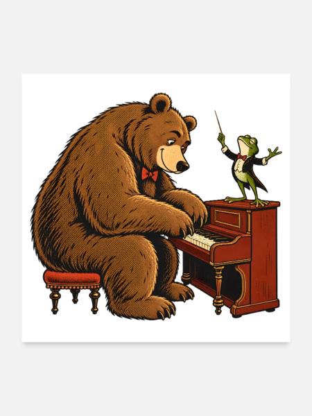 Bär & Frosch am Klavier – Lustiges Musikmotiv - Poster 60x60 cm - Weiß