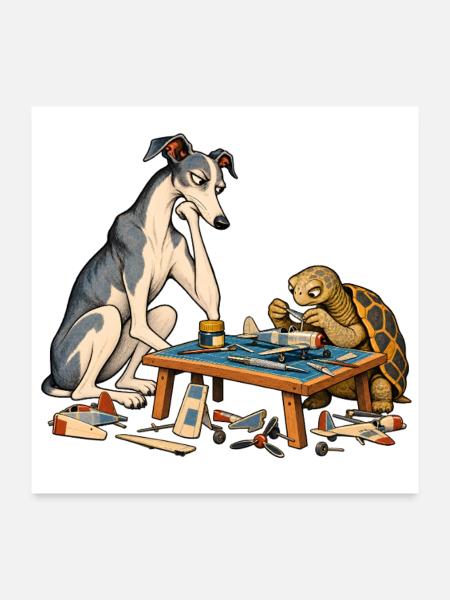 Windhund und Schildkröte beim Modellbau - Poster 60x60 cm - Weiß - Vorne