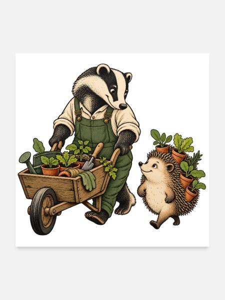 Dachs und Igel beim Gärtnern – Gartenfreunde - Poster 60x60 cm - Weiß