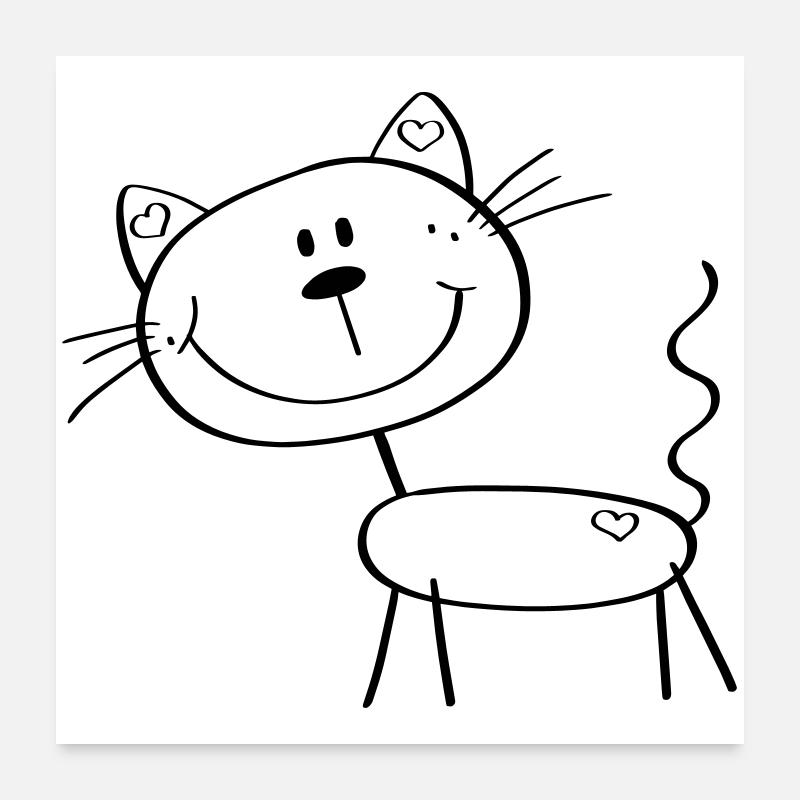 Lustige Strichmännchen Katze - Comic - Katzen - Poster 60x60 cm - Weiß